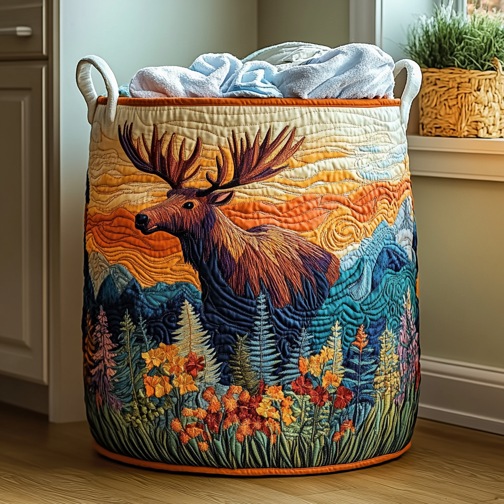 Gesteppter Korb mit Elch vor Bergen und Wildblumen in Orange und Blau, gefüllt mit Handtüchern, orangefarbene Einfassung. 6