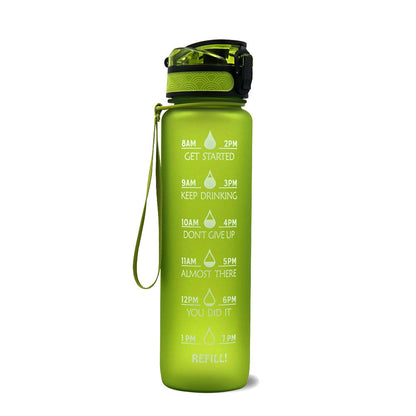 Grüne Wasserflasche mit Zeitmarkierungen und Trinkhalm, motivierend, BPA-frei.