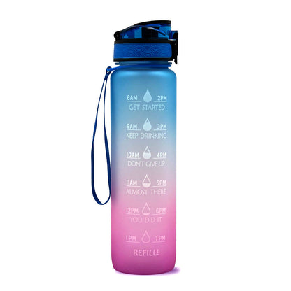Motivations-Wasserflasche mit Zeitmarkierungen, Strohhalm, lila-blau, BPA-frei.