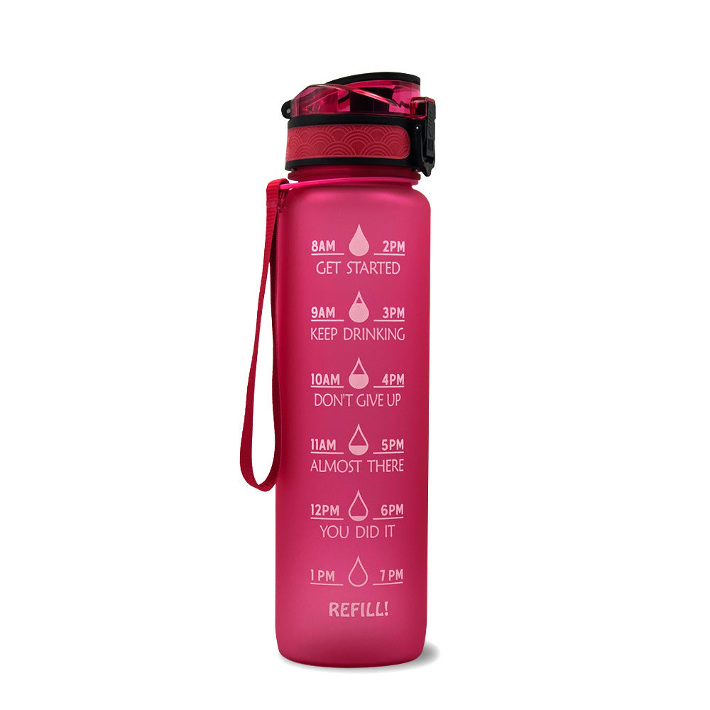 Rote Motivations-Wasserflasche mit Zeitmarkierungen und Strohhalm, BPA-frei, 1 Liter.