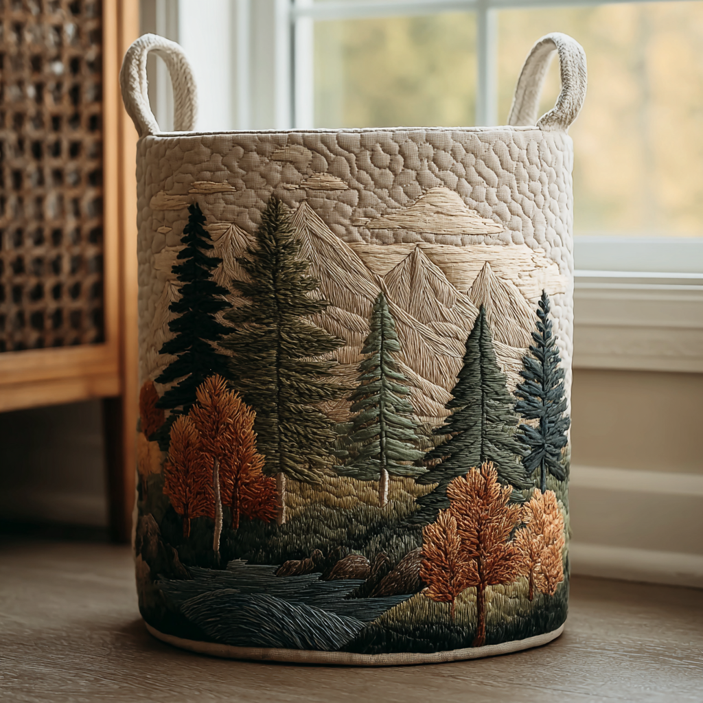 Gesteppter Wäschekorb in Creme mit gesticktem Bergwald, Nadelbäumen und orangen Herbstbäumen, mit zwei Stoffhenkeln neben einem Fenster. 1