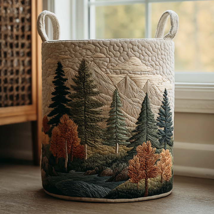Gesteppter Wäschekorb in Creme mit gesticktem Bergwald, Nadelbäumen und orangen Herbstbäumen, mit zwei Stoffhenkeln neben einem Fenster. 1