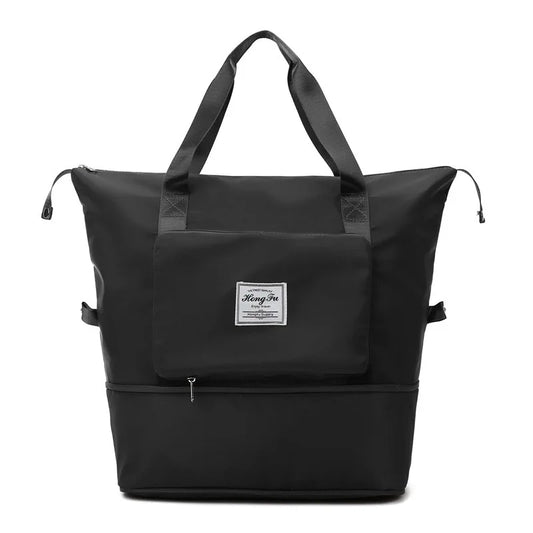Schwarzer Nylon-Rucksack mit Reißverschluss, Fronttasche und Tragegriffen für Damen.
