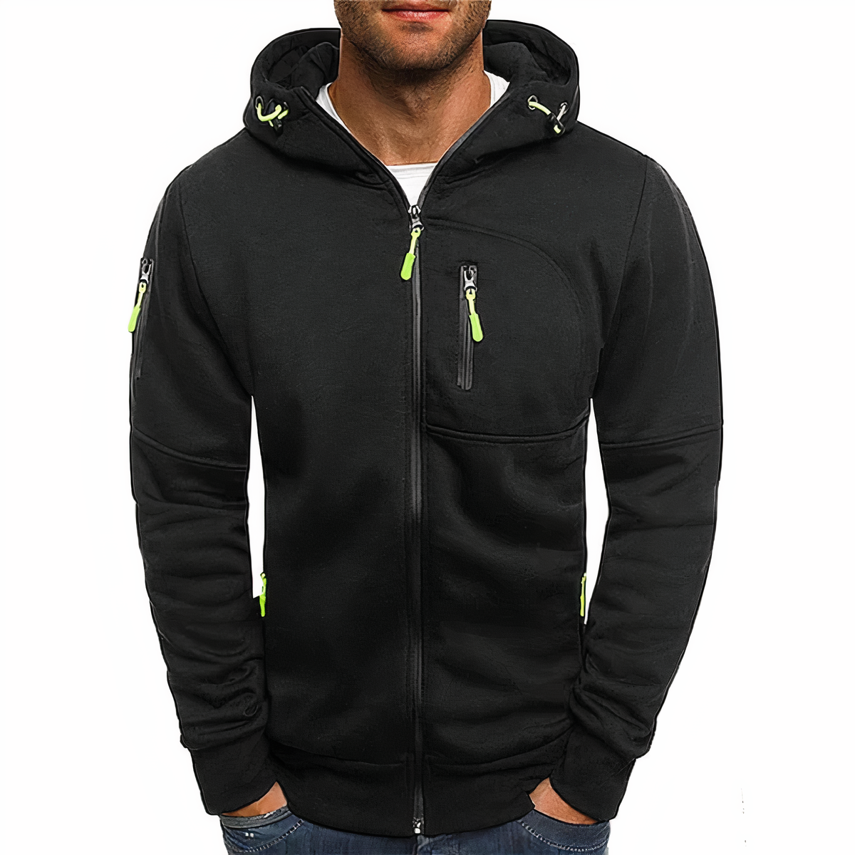 Schwarze Herren-Kapuzenjacke mit Reißverschlüssen, sportlich, lässig, Baumwolle.