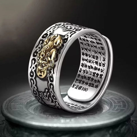 Silberring mit goldener Buddha-Figur, Gravur, verstellbar, Herrenring, Schmuck, Geschenkidee.
