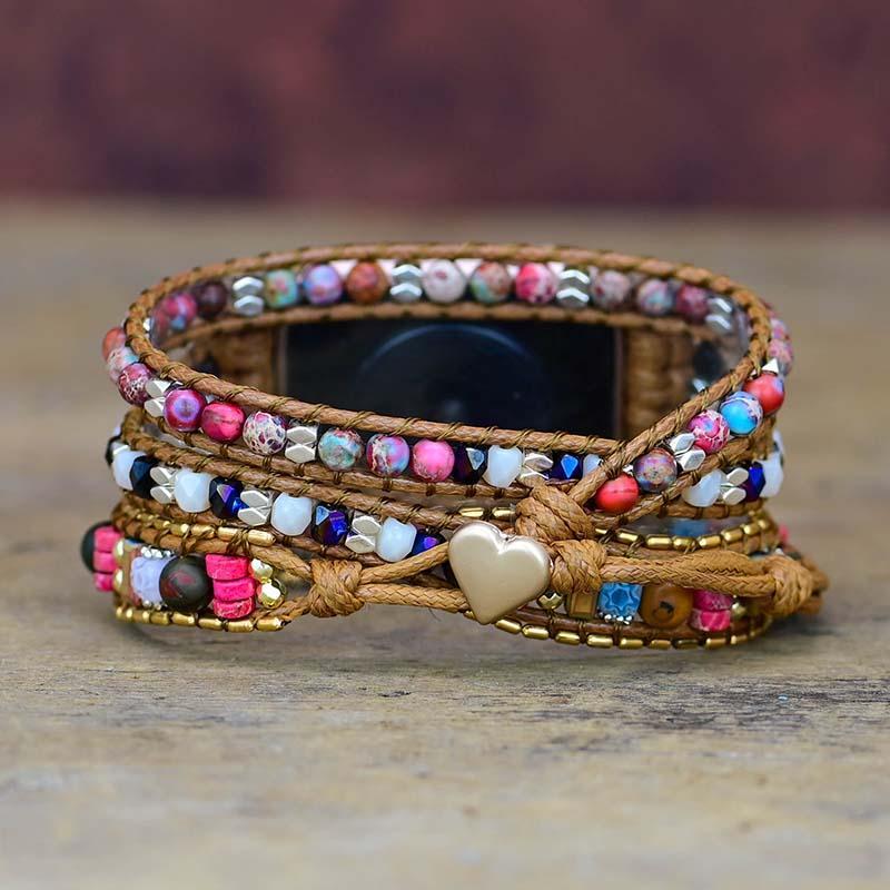 Apple Watch Armband, Naturstein, Boho-Stil, Wachsschnur, vegan, 3-fach Wickelarmband, bunt