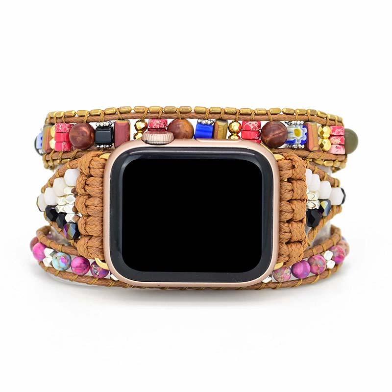 Apple Watch Armband, Naturstein, Boho-Stil, vegan, mehrfarbig, handgefertigt, Wickelarmband.