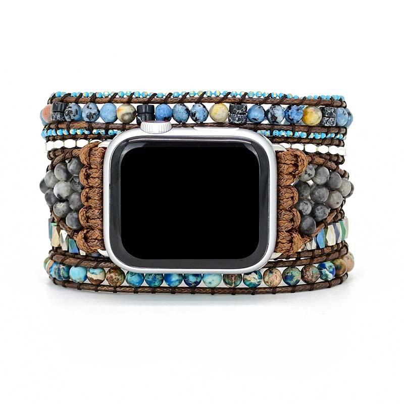 Apple Watch Armband aus Naturstein, Boho-Stil, Wachsschnur, 5-fach Wickelarmband, bunt.