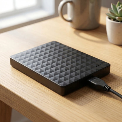 Schwarze Festplatte mit Rautenmuster liegt mit angestecktem USB-Kabel auf einem Holztisch neben Tasse und Pflanze 1