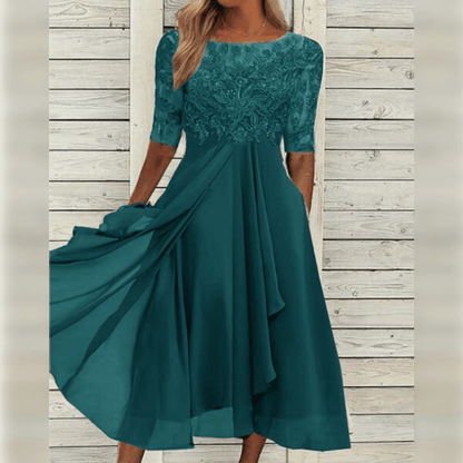 Damen Abendkleid, türkis, Spitze, knielang, elegantes Design, festliche Mode, Sommerkleid.