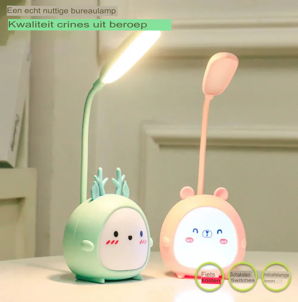 Zwei LED-Nachttischlampen in Tierform, grün und rosa, mit flexiblem Hals, Kinderzimmer-Dekor.