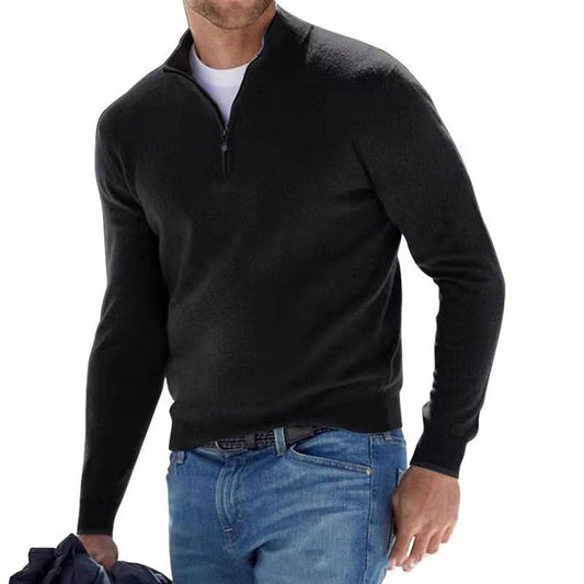 Schwarzer Herren-Pullover mit Reißverschluss, langärmelig, casual, hochwertige Strickware.