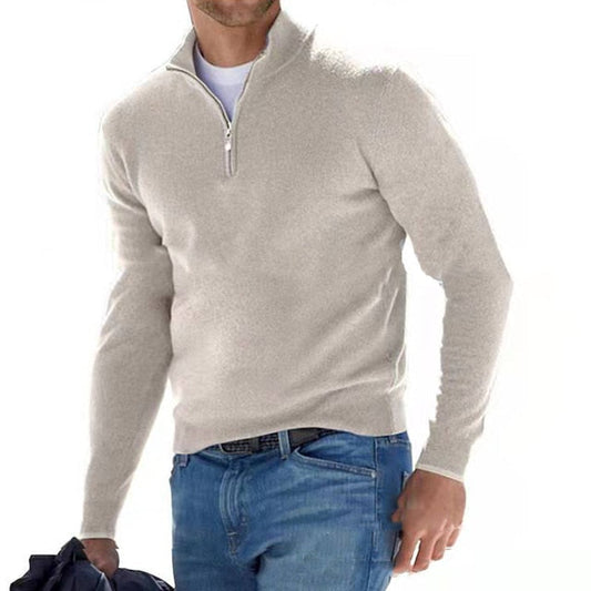 Beiger Herren-Pullover mit Reißverschluss, langärmelig, aus Baumwolle, lässig, modisch.