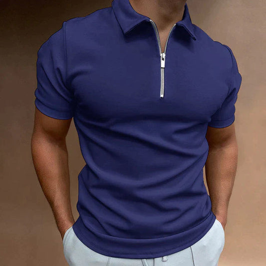 Blaues Herren-Poloshirt mit Reißverschluss, Kurzarm, Baumwolle, modisch, bequem.