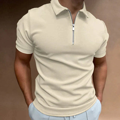 Beiges Herren-Poloshirt mit Reißverschluss, Kurzarm, klassischer Kragen, Baumwolle.
