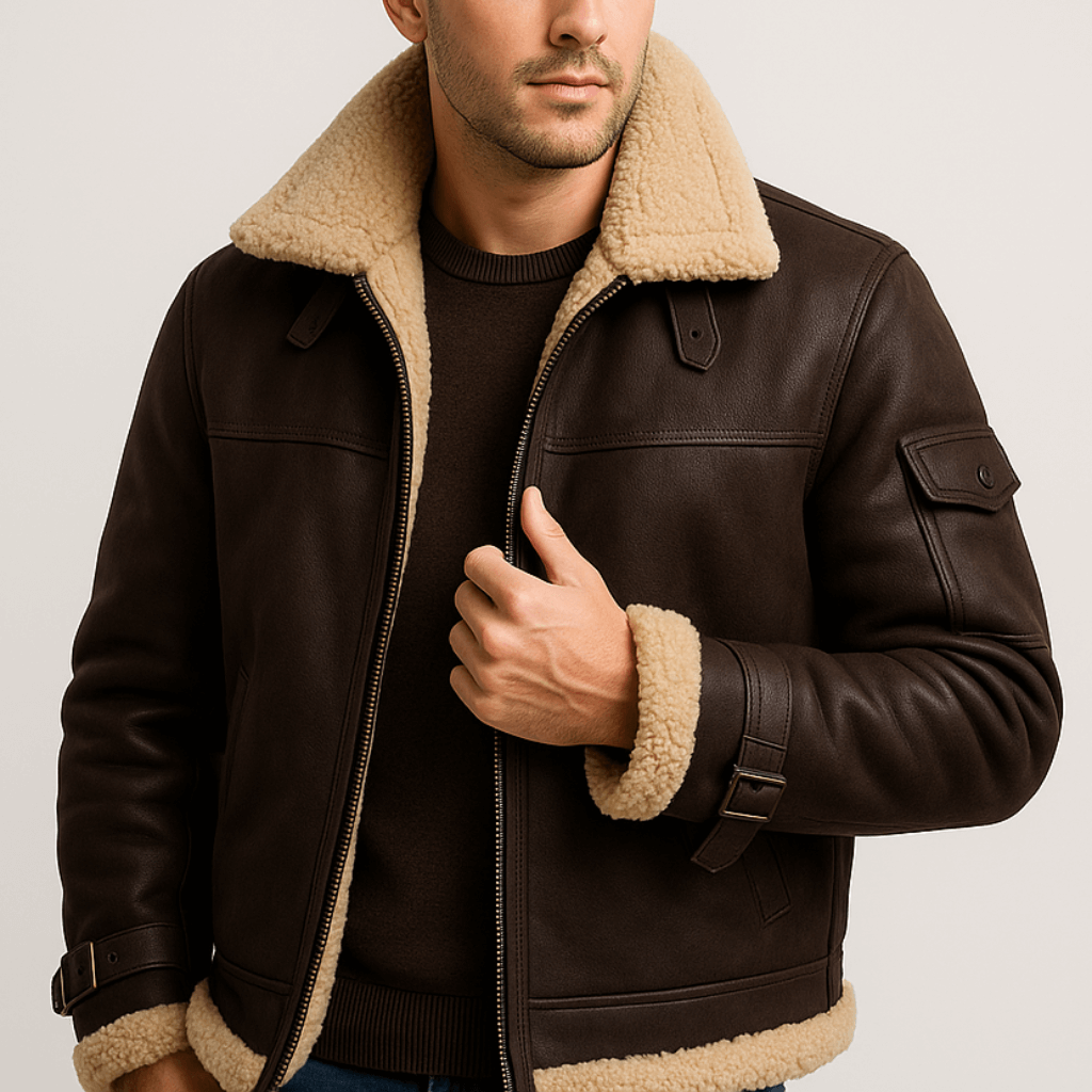 Dunkelbraune Lederjacke mit hellem Teddyfutter am Kragen, dunklem Pullover darunter, Model greift an den offenen Reißverschluss. 2