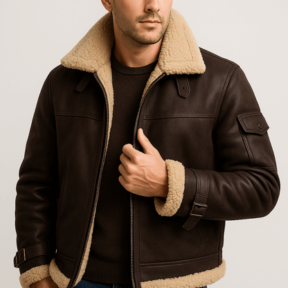 Dunkelbraune Lederjacke mit Fellkragen und Schulterriemen, Ärmeltasche mit Knopf und gefütterter Manschette, dazu dunkler Strickpullover. 8