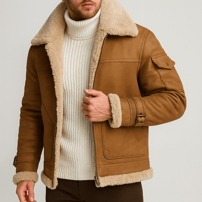 Cognacbraune Wildleder-Optik Jacke mit cremefarbenem Fellkragen, weißer Rollkragenpullover, Ärmeltasche und Riemen mit Schnalle am Handgelenk. 3