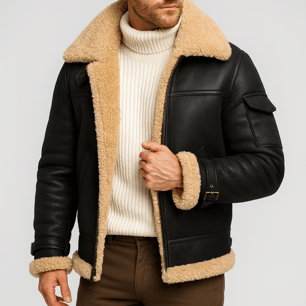 Schwarze Lederjacke mit hellem Fellfutter an Kragen, Ärmelabschluss und Saum, Model hält den halb geöffneten Reißverschluss. 6