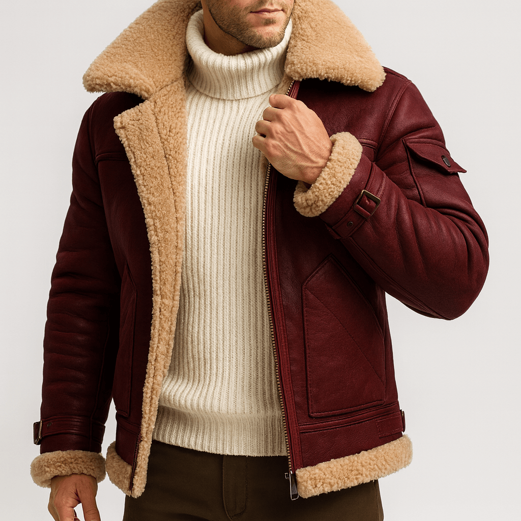 Weinrote Lederjacke mit weichem hellem Fellfutter, Ärmelriemen mit Schnalle und großer Aufschlagtasche, kombiniert mit cremefarbenem Rollkragenpullover. 7