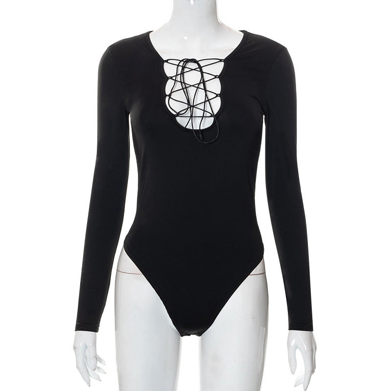 Trendy Damen Bodysuit mit Schnürung & tiefem V-Ausschnitt – Aveline