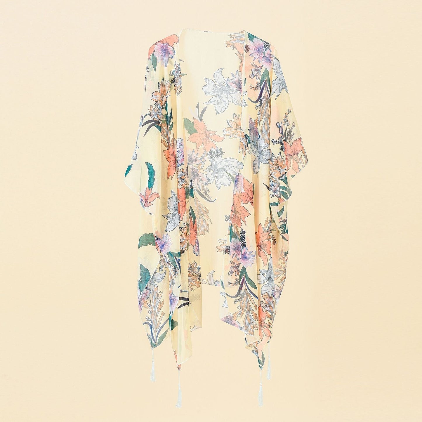 Kimono-Überwurf mit Blumenmuster und Quasten – Liora