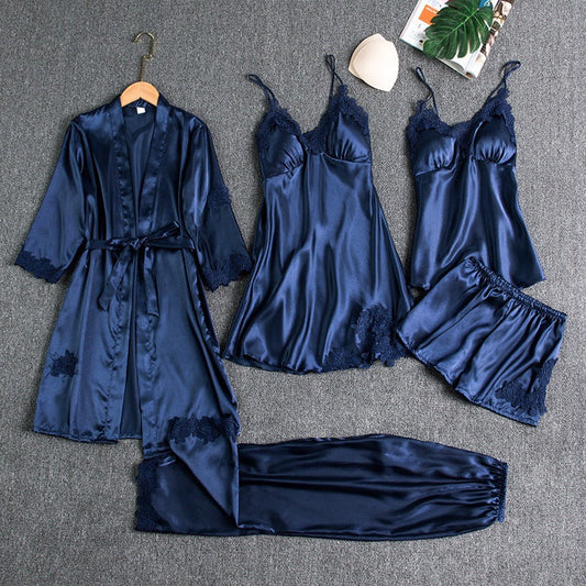 Satinschlafset 5-teilig mit Spitze für Damen – Liora