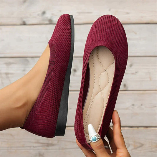 Damen Ballerinas, rot, Strickmaterial, flach, bequem, modisch, Freizeit, rutschfest.