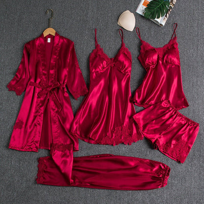 Satinschlafset 5-teilig mit Spitze für Damen – Liora