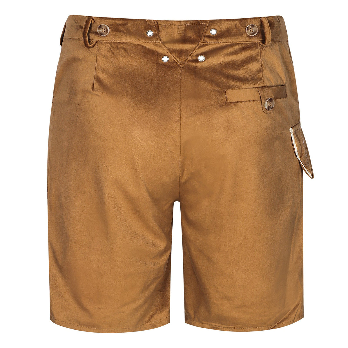 Rückansicht der braunen Kniebundhose mit Ösen am Bund, Knopfpasse und aufgesetzter Gesäßtasche 4