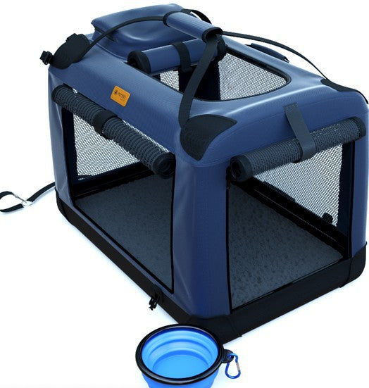 Tragbare blaue Hundebox aus Stoff mit Netzfenstern und faltbarem Napf.