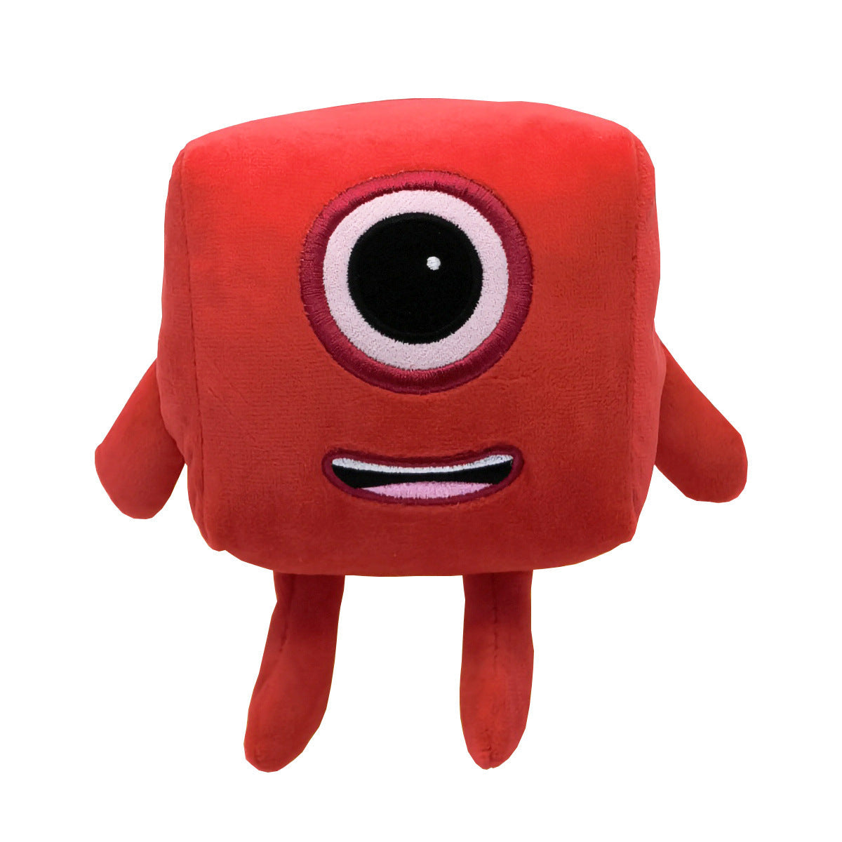 Rotes Plüschspielzeug, quadratisch, mit einem Auge, weiches Material, Kinderfreundlich.