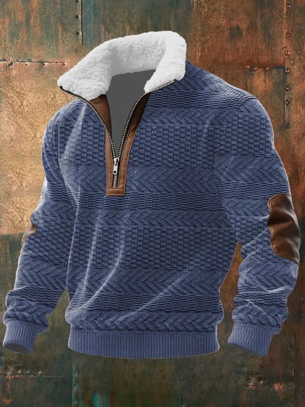 Blauer Strickpullover mit Fischgrätstruktur, Reißverschluss am Kragen und braunen Ellbogenpatches 5