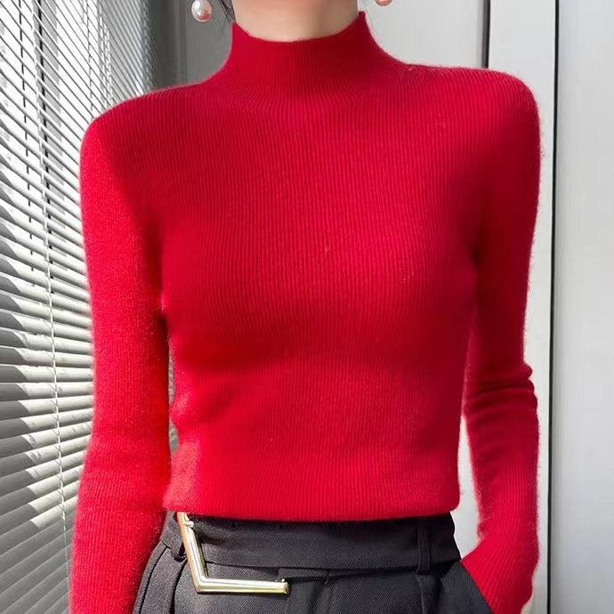 Roter Rollkragenpullover Damen, Strick, elegant, Herbstmode, langärmelig, figurbetont.