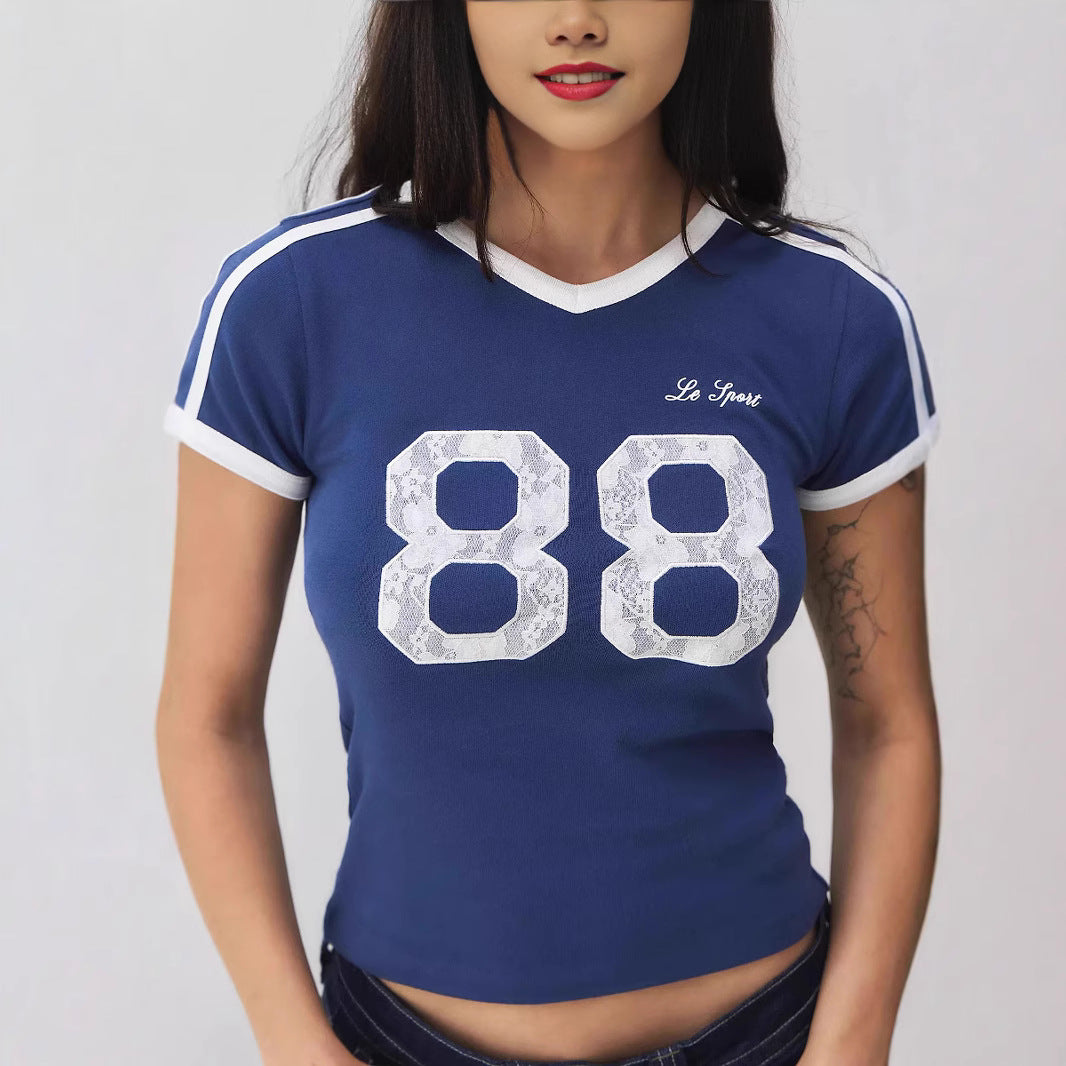 Trendy Damen T-Shirt mit Spitzendetail & Kontrast-Ärmeln – Yelina
