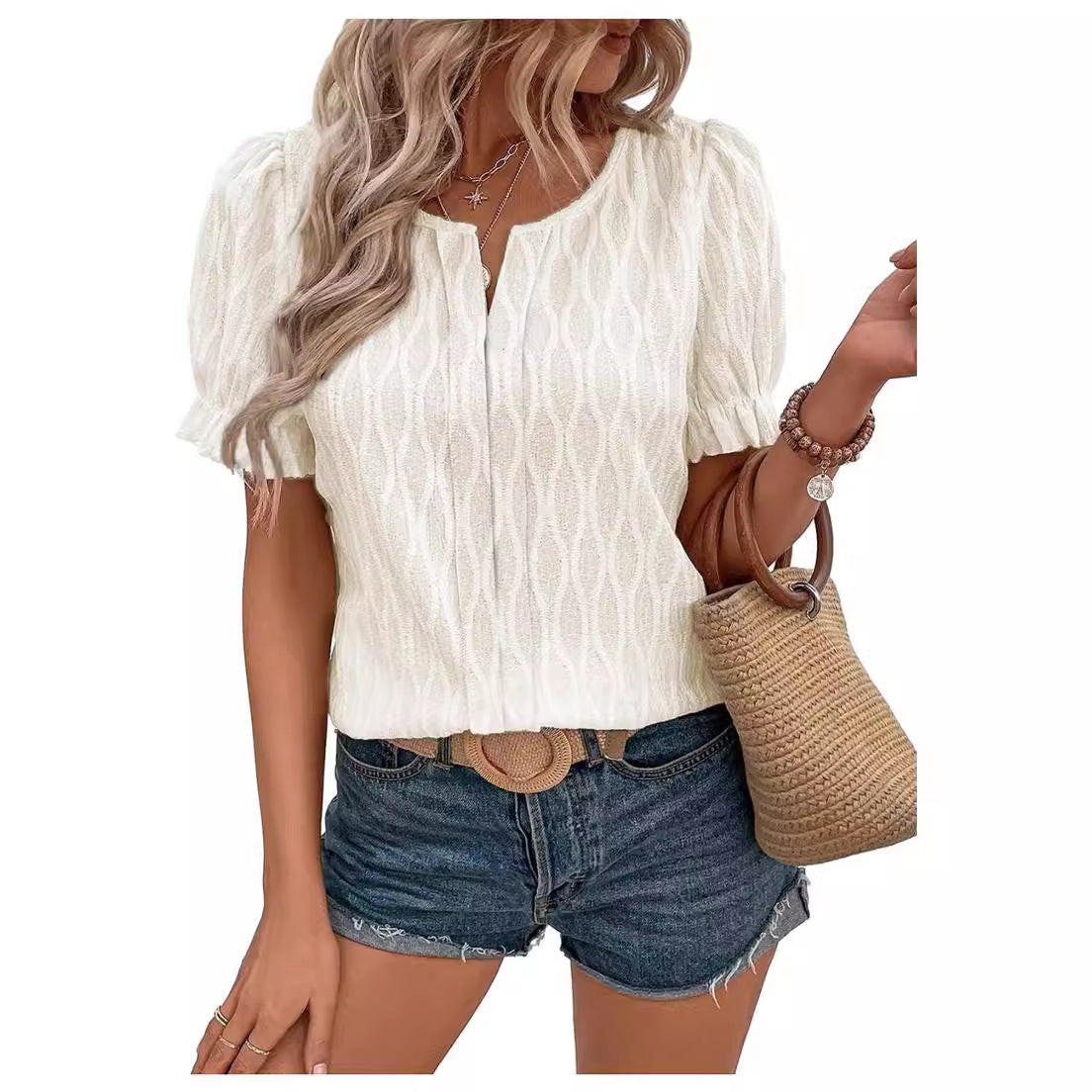 Luftiges & Stilvolles Damen Puffarm-Shirt mit Spitzenakzent – Noemi