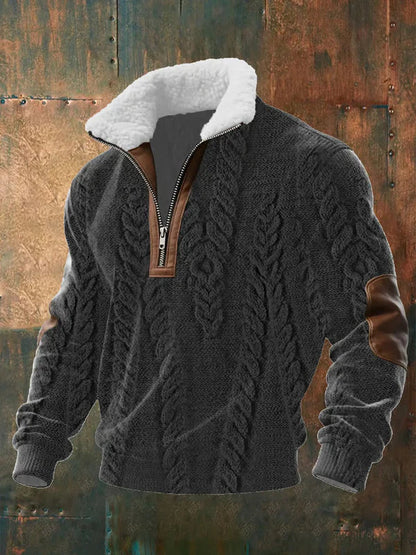 Dunkelgrauer Pullover mit Zopfmuster, braunen Lederpatches am Ellbogen und weißem Teddykragen 3