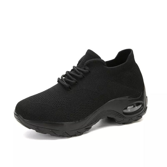 Schwarzer Sneaker mit Luftpolstersohle, atmungsaktives Mesh, bequeme Damen-Freizeitschuhe.