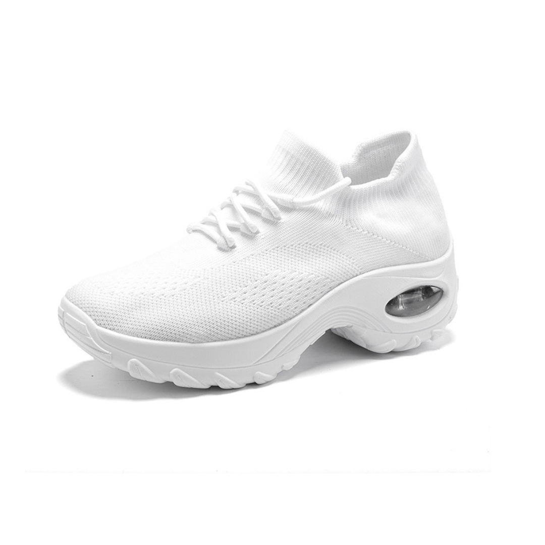 Weiße Damen-Sneaker, atmungsaktiv, rutschfest, mit Luftpolstersohle, ideal für Sport.
