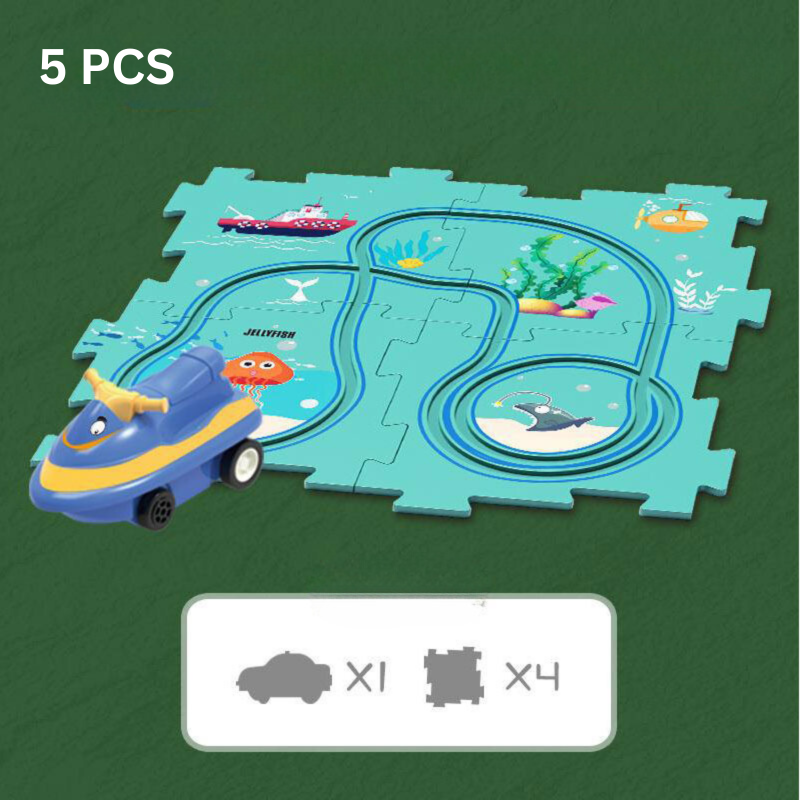 Spielzeug-Autobahn-Set, 5-teilig, blau, mit Ozean-Motiv, für Kinder, Puzzle-Teile, Kunststoff.