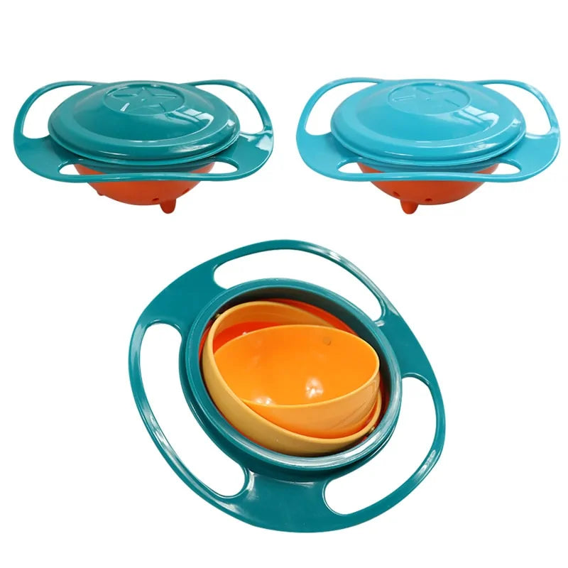 Blauer Gyroskop-Schüssel für Kinder, auslaufsicher, drehbar, Kunststoff, Essensbehälter.