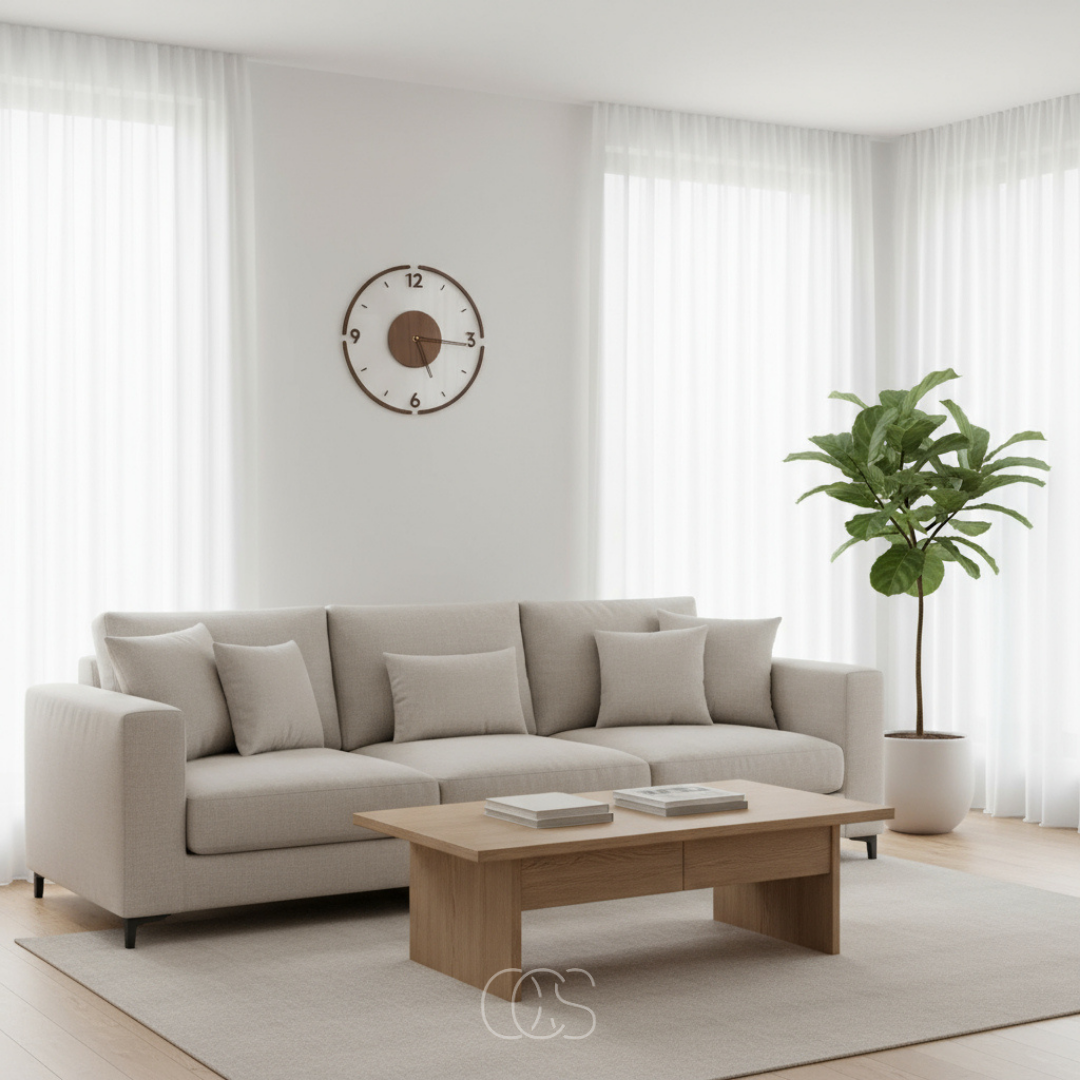 Uhr an einer weißen Wand über einem beigen Sofa mit Holztisch und Zimmerpflanze 3