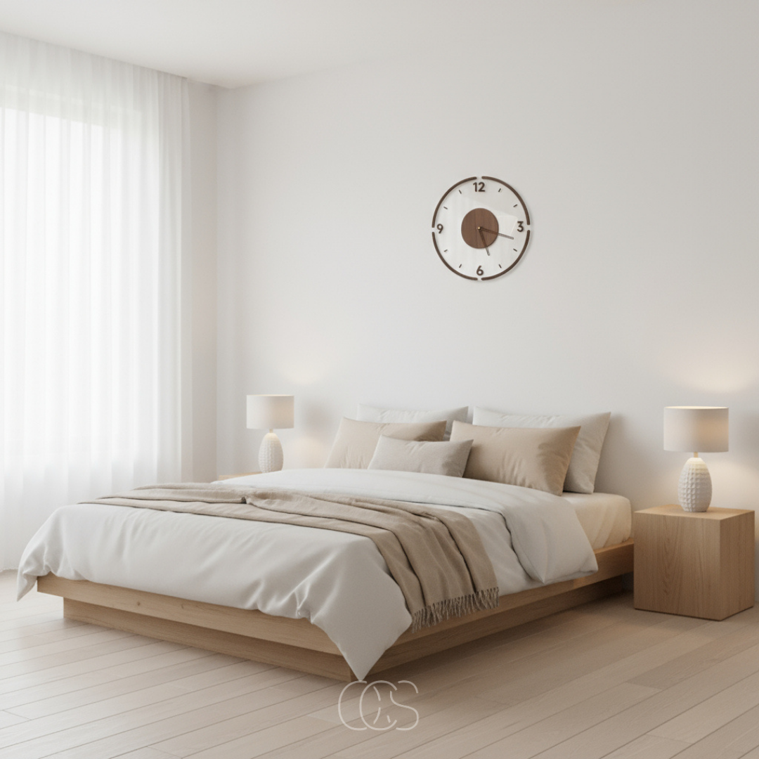 Uhr an heller Schlafzimmerwand über einem Holzbett mit beiger Bettwäsche und zwei Nachttischlampen 4