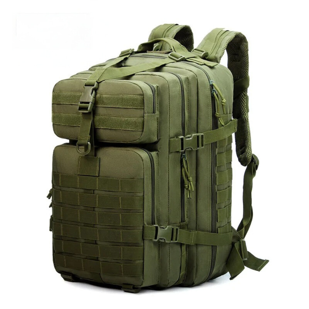 Grüner taktischer Rucksack, wasserdicht, mit mehreren Fächern, ideal für Outdoor-Aktivitäten.