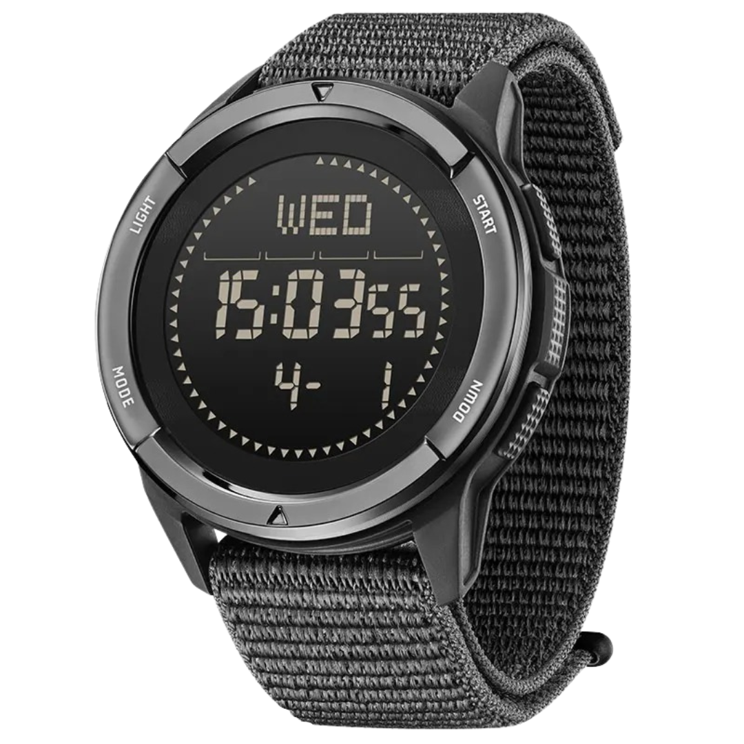 Schwarze digitale Armbanduhr mit Nylonarmband, LED-Anzeige, wasserdicht, sportlich.