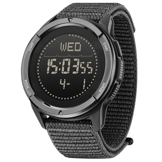 Schwarze digitale Armbanduhr mit Nylonarmband, LED-Anzeige, wasserdicht, sportlich.