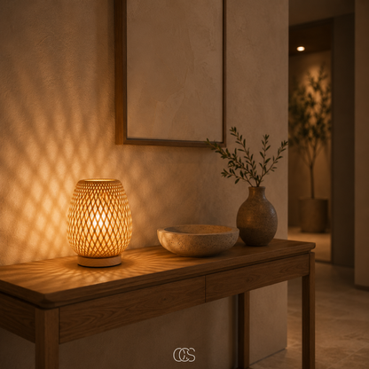Leuchtende Bambuslampe auf einer Holzkonsole neben Steinschale und Vase mit Zweig, das Flechtmuster zeichnet sich warm an der Wand ab. 2