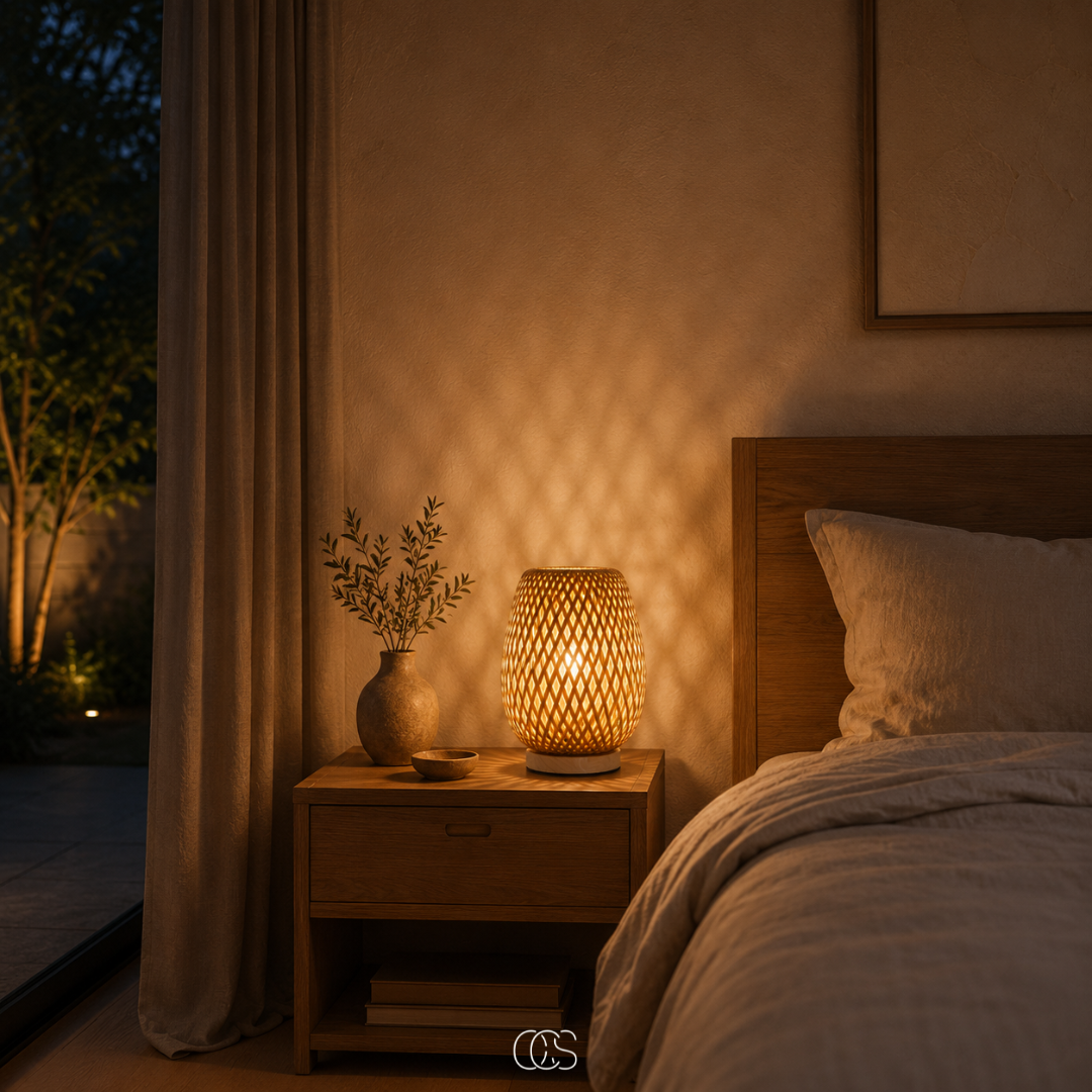 Die Bambuslampe auf einem Holznachttisch im Schlafzimmer neben Vase und Bett, abends mit warmem, gemustertem Lichtschein an der Wand. 3