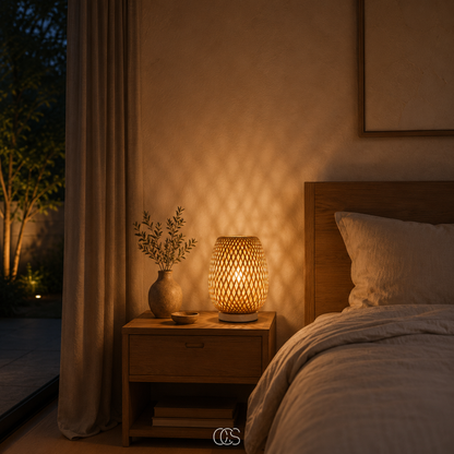 Die Bambuslampe auf einem Holznachttisch im Schlafzimmer neben Vase und Bett, abends mit warmem, gemustertem Lichtschein an der Wand. 3