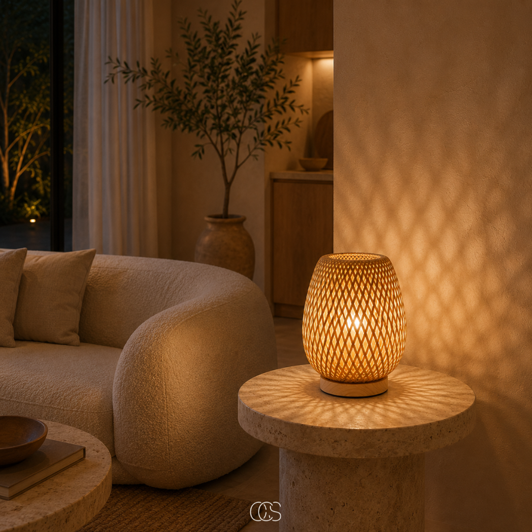 Bambus-Tischlampe auf einem runden Steinbeistelltisch im Wohnzimmer neben einem hellen Sofa und einem Olivenbaum, mit Lichtmuster an der Wand. 4